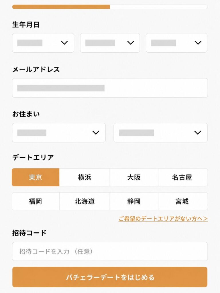 バチェラーデートの基本情報とデートエリアを入力する登録画面を再現したイメージ