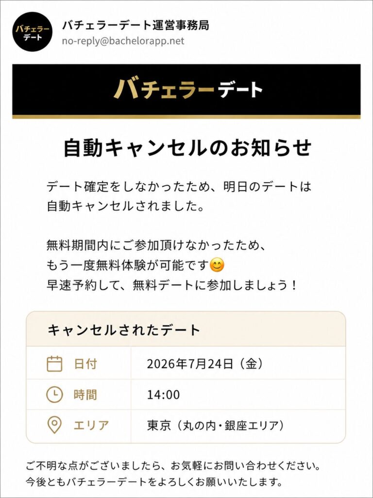 バチェラーデートで残り6日以内にデートを確定しないと無料デートが取り消される通知画面を再現したイメージ