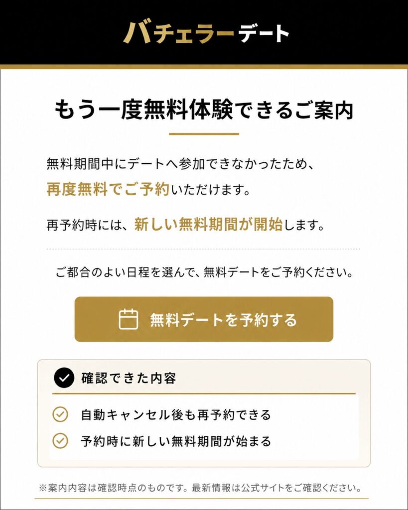 バチェラーデートの自動キャンセル後に届いた再予約案内メールを再現したイメージ