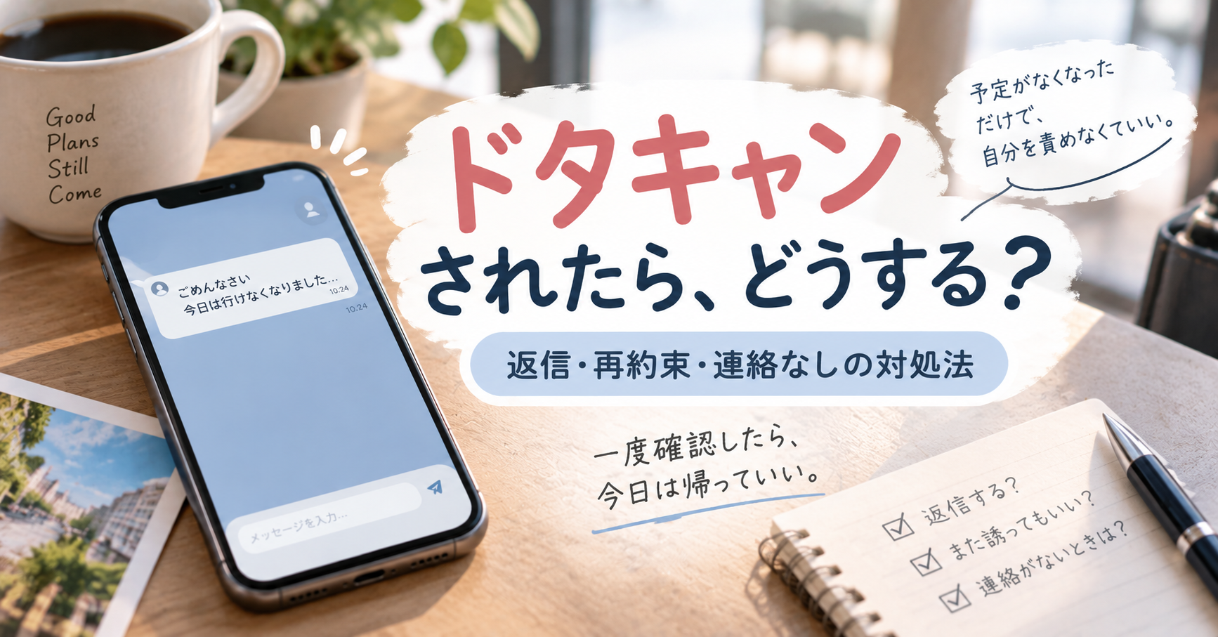 マッチングアプリでドタキャンされたときの返信や連絡なしへの対処を考えるイメージ
